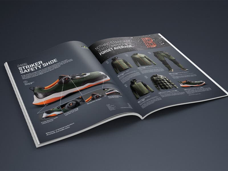 Grafisk design kataloguppslag- Striker Blåkläder